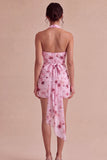 Mini abito cocktail in chiffon aderente con scollo floreale rosa e fiocco