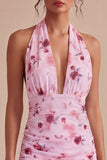 Mini abito cocktail in chiffon aderente con scollo floreale rosa e fiocco
