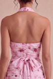 Mini abito cocktail in chiffon aderente con scollo floreale rosa e fiocco