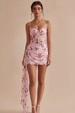 Corsetto floreale rosa Mini Abito da Cocktail in Chiffon Aderente con Fascia