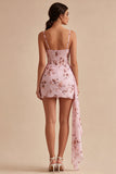 Corsetto floreale rosa Mini Abito da Cocktail in Chiffon Aderente con Fascia