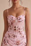 Corsetto floreale rosa Mini Abito da Cocktail in Chiffon Aderente con Fascia