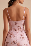 Corsetto floreale rosa Mini Abito da Cocktail in Chiffon Aderente con Fascia