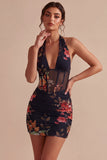 Abito Mini Cocktail Bodycon Corsetto Trasparente Nero a collo a capezza,