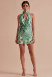 Abito cocktail mini bodycon floreale verde chiaro con collo a cappola