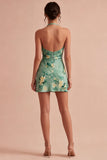 Abito cocktail mini bodycon floreale verde chiaro con collo a cappola