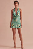 Abito cocktail mini bodycon floreale verde chiaro con collo a cappola
