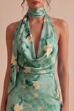 Abito cocktail mini bodycon floreale verde chiaro con collo a cappola