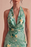 Abito cocktail mini bodycon floreale verde chiaro con collo a cappola