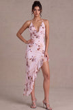 Abito cocktail rosa a collo halter asimmetrico floreale con volant