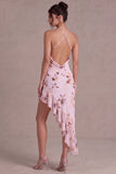 Abito cocktail rosa a collo halter asimmetrico floreale con volant