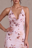 Abito cocktail rosa a collo halter asimmetrico floreale con volant