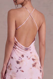 Abito cocktail rosa a collo halter asimmetrico floreale con volant