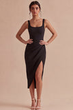 Abito sera Black Bodycon Midi con spalline spesse e piegate