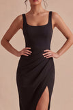 Abito sera Black Bodycon Midi con spalline spesse e piegate