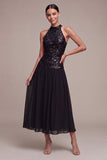 Abito a cravatta nera lunga A Line con scollo alto e paillettes