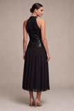 Abito a cravatta nera lunga A Line con scollo alto e paillettes