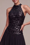 Abito a cravatta nera lunga A Line con scollo alto e paillettes