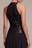 Abito a cravatta nera lunga A Line con scollo alto e paillettes