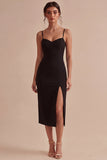 Abito sera Black Bodycon Midi con spalline spaghetti con fessura