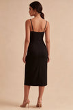 Abito sera Black Bodycon Midi con spalline spaghetti con fessura