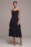 Abito A Linea Spaghetti con spalline midi black tie con volant