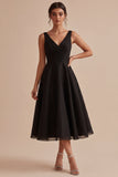 Abito sera nero a V-Neck Arrugato A Line Midi