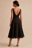 Abito sera nero a V-Neck Arrugato A Line Midi