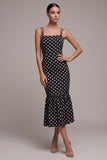 Abito a spalline midi a pois con spalline sirena in bianco e nero