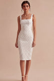 Abito Bodycon Midi a Pois Bianco e Nero a Collo Quadrato