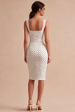 Abito Bodycon Midi a Pois Bianco e Nero a Collo Quadrato