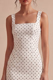 Abito Bodycon Midi a Pois Bianco e Nero a Collo Quadrato