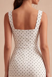 Abito Bodycon Midi a Pois Bianco e Nero a Collo Quadrato