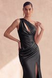 Abito elegante lungo a spalla a sirena nero arricciata e spallacciato