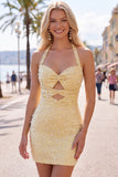 Bodycon Necker Halter Cut Cut Out Pearls Yellow Homecoming Abito con perline