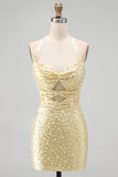Bodycon Necker Halter Cut Cut Out Pearls Yellow Homecoming Abito con perline