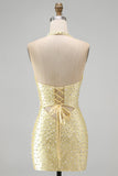 Bodycon Necker Halter Cut Cut Out Pearls Yellow Homecoming Abito con perline
