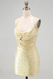 Bodycon Necker Halter Cut Cut Out Pearls Yellow Homecoming Abito con perline