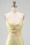 Bodycon Necker Halter Cut Cut Out Pearls Yellow Homecoming Abito con perline