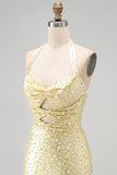 Bodycon Necker Halter Cut Cut Out Pearls Yellow Homecoming Abito con perline