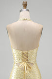 Bodycon Necker Halter Cut Cut Out Pearls Yellow Homecoming Abito con perline