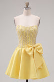 Corsetto di perle gialli Sweetheart A-Line Corset cocktail con fiocco