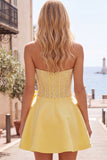 Corsetto di perle gialli Sweetheart A-Line Corset cocktail con fiocco