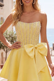 Corsetto di perle gialli Sweetheart A-Line Corset cocktail con fiocco