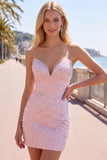 Bodycon rosa con spalline spaghetti, perle con perline, vestito corto di homecoming