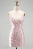 Bodycon rosa con spalline spaghetti, perle con perline, vestito corto di homecoming
