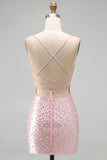 Bodycon rosa con spalline spaghetti, perle con perline, vestito corto di homecoming