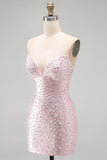 Bodycon rosa con spalline spaghetti, perle con perline, vestito corto di homecoming