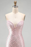 Bodycon rosa con spalline spaghetti, perle con perline, vestito corto di homecoming