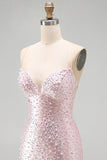 Bodycon rosa con spalline spaghetti, perle con perline, vestito corto di homecoming